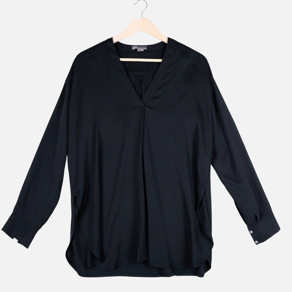 Vince Black Silk Stretch V-Neck Long Sleeve Blouse V0715-10495 Size M
